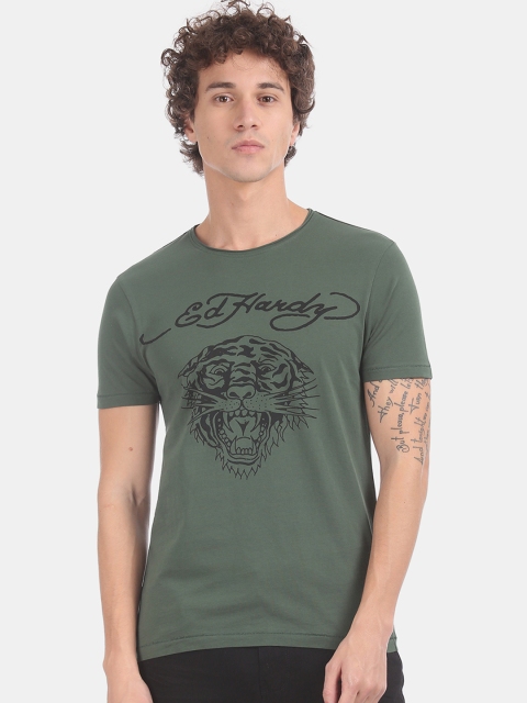 

Ed Hardy Men Green Black Printed Round Neck Pure Cotton T-shirt