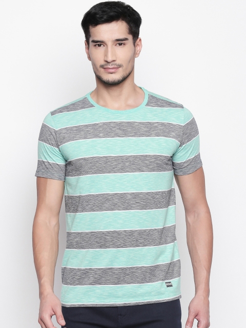 

Urban Ranger by pantaloons Men Sea Green Grey Striped Round Neck Pure Cotton T-shirt