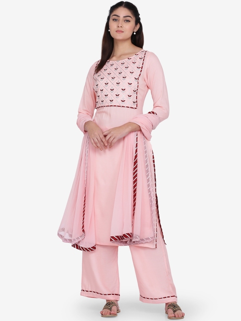

Adizya Women Pink & Maroon Embroidered Kurti with Palazzos & Dupatta