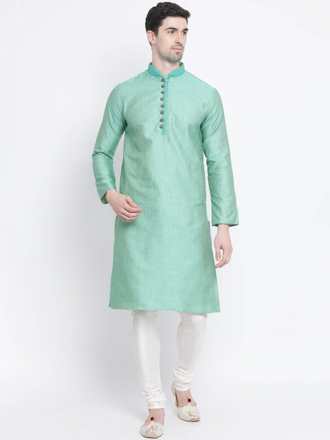

Sanwara Men Green & White Self Design Kurta with Churidar