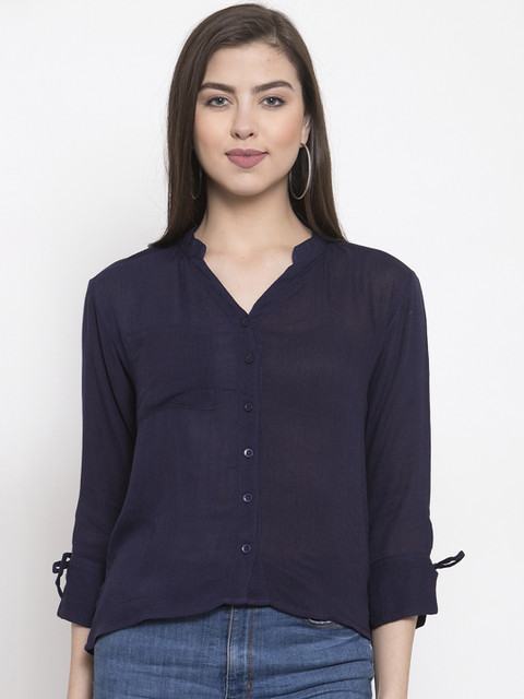 

VOXATI Women Navy Blue Solid Shirt Style Top