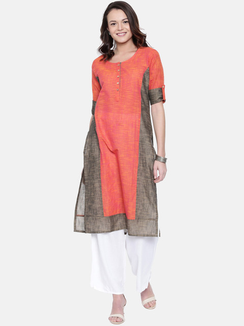 

Rasada Women Peach-Coloured & Grey Colourblocked Straight Kurta