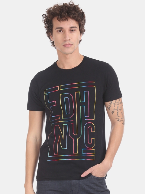 

Ed Hardy Men Black Pink Printed Round Neck Pure Cotton T-shirt