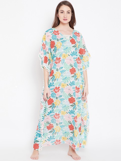

The Kaftan Company White & Turquoise Blue Printed Nightdress
