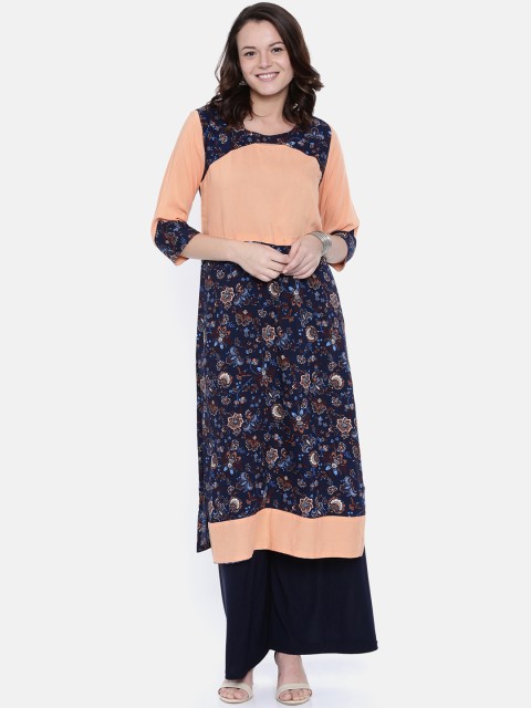 

Rasada Women Peach-Coloured & Navy Blue Printed Straight Kurta