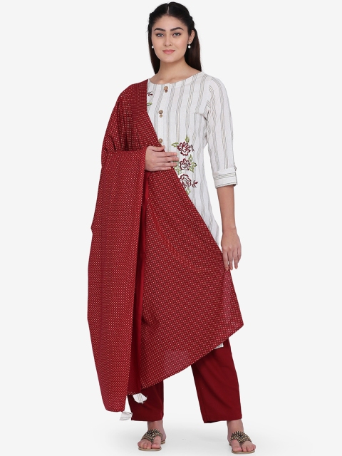 

Adizya Women Off-White & Maroon Embroidered Kurta with Pyjamas & Dupatta