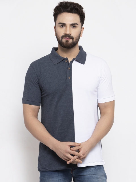 

Kalt Men White & Navy Blue Colourblocked Polo Collar T-shirt