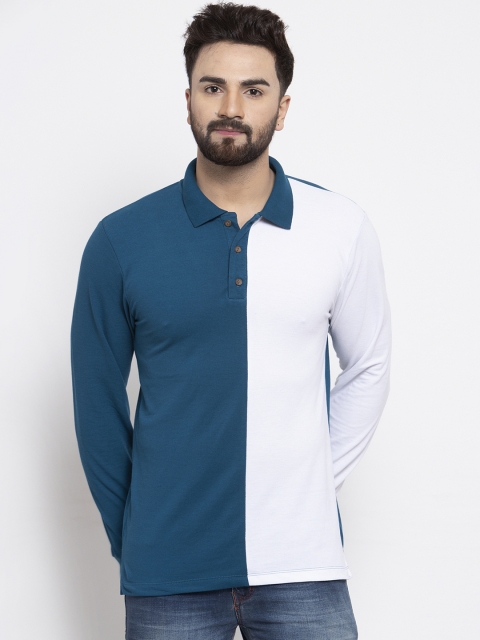 

Kalt Men Teal Blue And White Colourblocked Polo Collar T-shirt