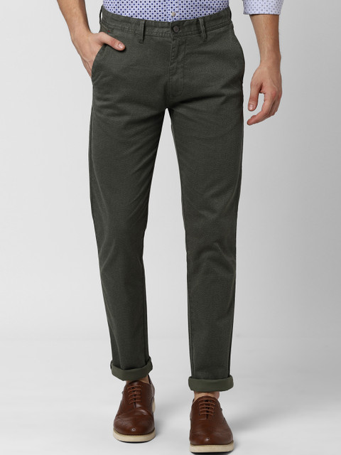 

Peter England Casuals Men Olive Green Slim Fit Self Design Regular Trousers