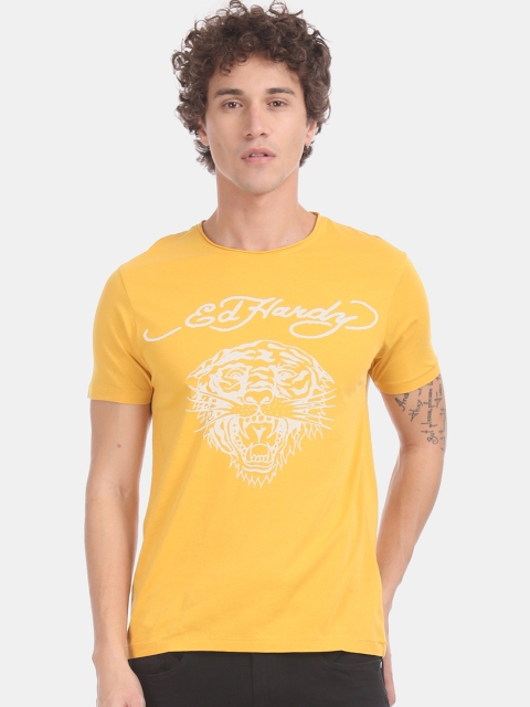 

Ed Hardy Men Yellow White Printed Round Neck Pure Cotton T-shirt