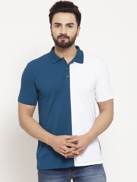 

Kalt Men Teal Blue & White Colourblocked Polo Collar T-shirt