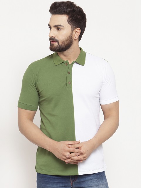 

Kalt Men Green & White Colourblocked Polo Collar T-shirt