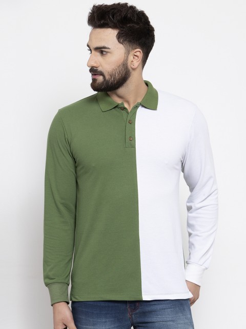 

Kalt Men Green & White Colourblocked Polo Collar T-shirt