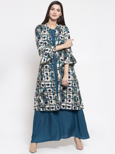 

Indibelle Women Blue & Off-White Printed A-Line Layered Kurta