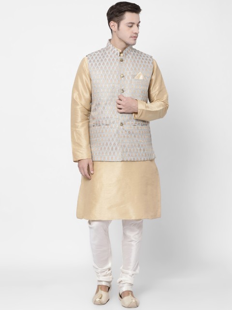 

TABARD Men Beige & White Solid Dupion Silk Kurta Set