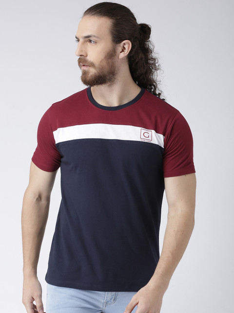 

GRIFFEL Men Navy Blue & Maroon Colourblocked Round Neck T-shirt