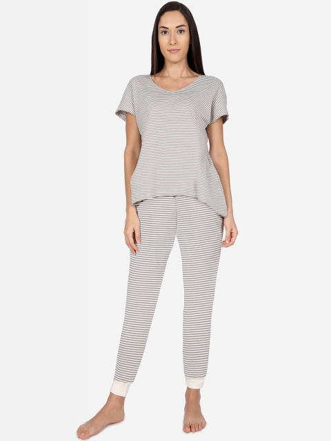 

Nick&Jess Women Grey & White Striped Night suit
