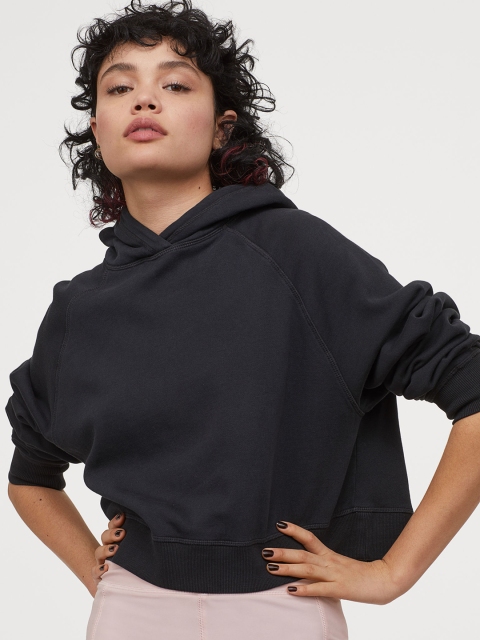 

H&M Women Black Solid Cropped Hooded Top