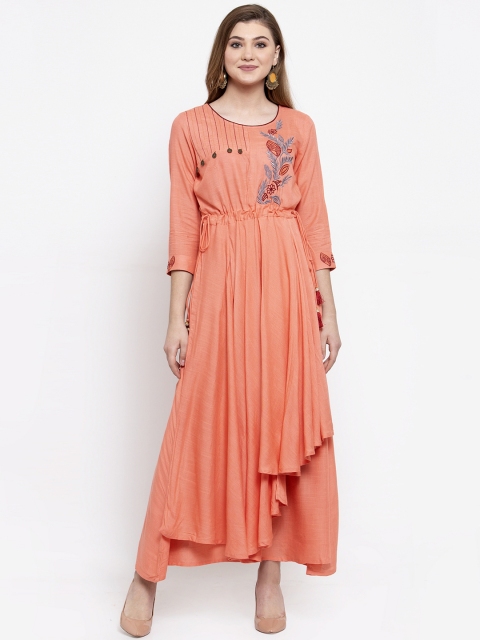 

ANAISA Women Peach-Coloured Printed Fit and Flare Dress