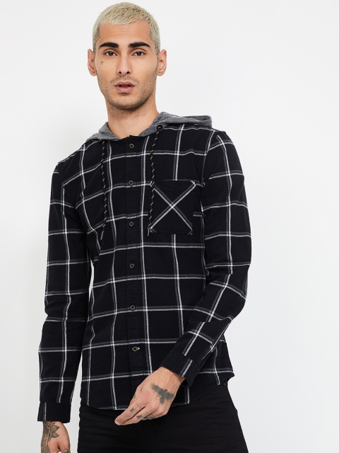 

UCLA Men Black & White Regular Fit Checked Casual Hooded Shirt