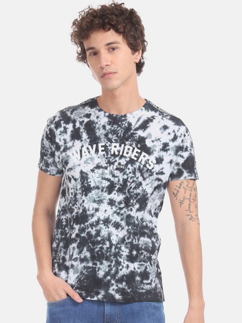 

Flying Machine Men Teal Blue & Grey Tie and Dye Dyed T-shirt