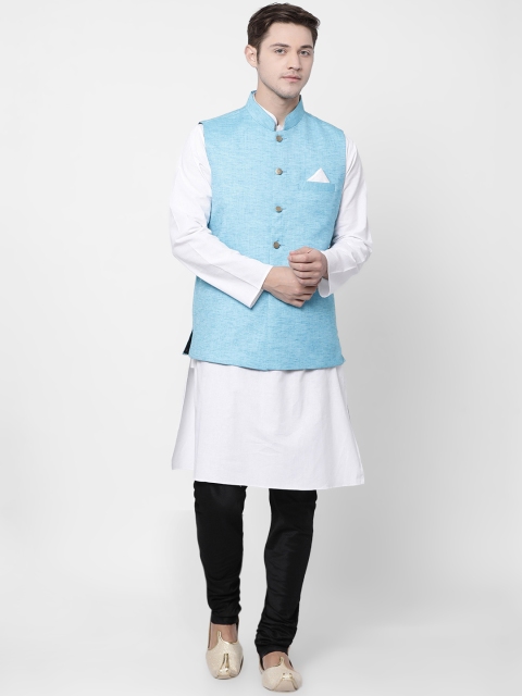 

TABARD Men Blue & White Solid Kurta with Churidar & Nehru Jacket