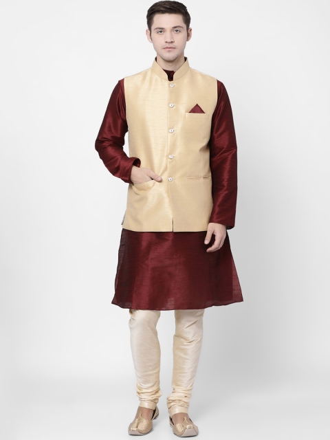 

TABARD Men Beige & Maroon Solid Kurta with Churidar & Nehru Jacket