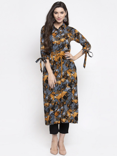 

Indibelle Women Grey & Navy Blue Printed Straight Kurta