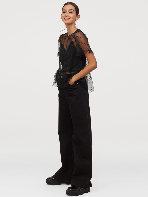 H&M Women Black Mesh Blouse With Flounces