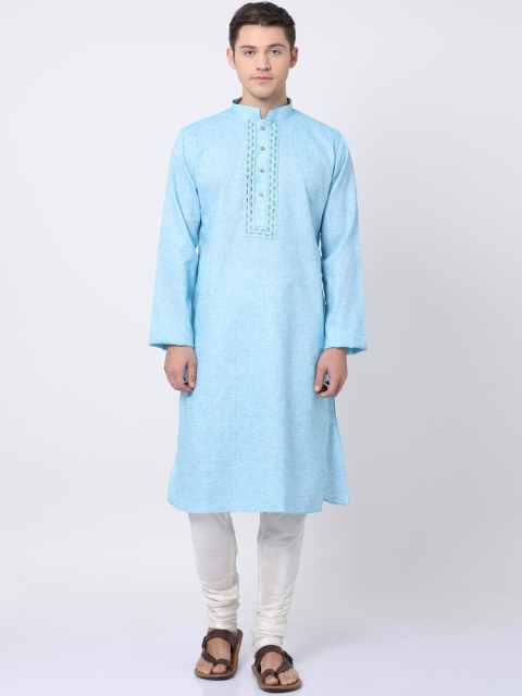 

TABARD Men Turquoise Blue Embroidered Straight Kurta