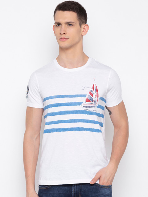 

SPYKAR Men White Striped Round Neck T-shirt
