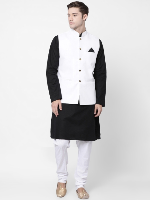 

TABARD Men White & Black Solid Kurta with Churidar & Nehru Jacket