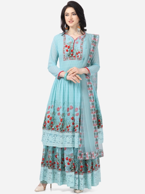 

DIVASTRI Turquoise Blue & Red Poly Georgette Semi-Stitched Dress Material