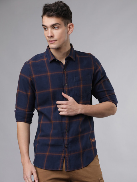 

Ecko Unltd Men Navy Blue & Brown Slim Fit Yarn Dyed Checked Casual Shirt