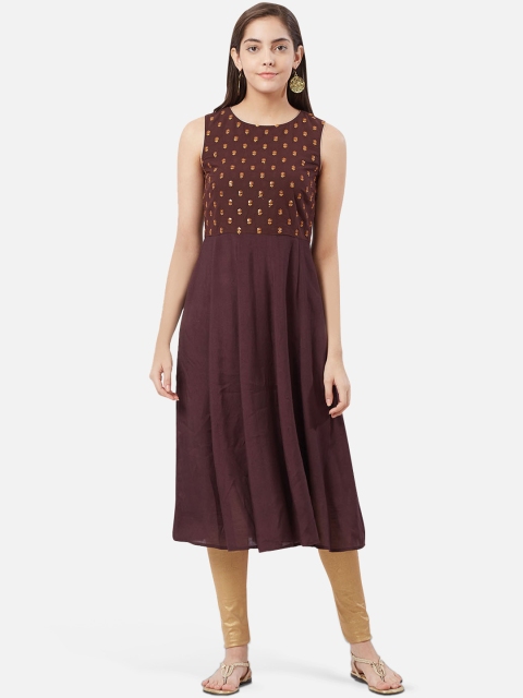 

Fusion Beats Women Brown & Gold-Coloured Embroidered A-Line Kurta