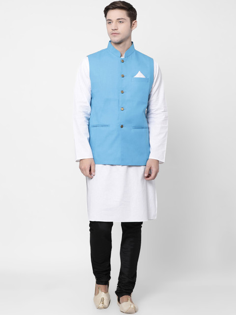

TABARD Men Blue & White Solid Kurta with Churidar & Nehru Jacket