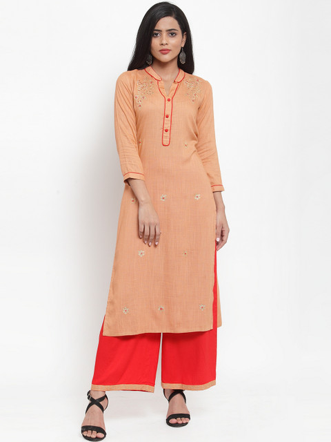 

Kiaasa Women Peach-Coloured & Red Embroidered Kurta with Palazzos