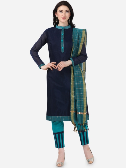 

DIVASTRI Navy Blue & Teal Green Poly Silk Unstitched Dress Material