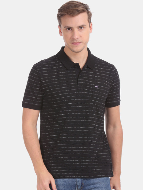 

Arrow Sport Men Black & Grey Striped Polo Collar T-shirt