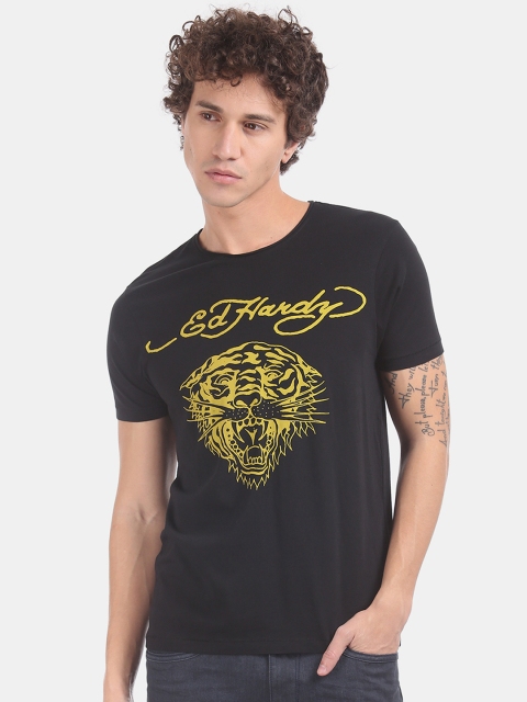 

Ed Hardy Men Black & Yellow Printed Round Neck T-shirt