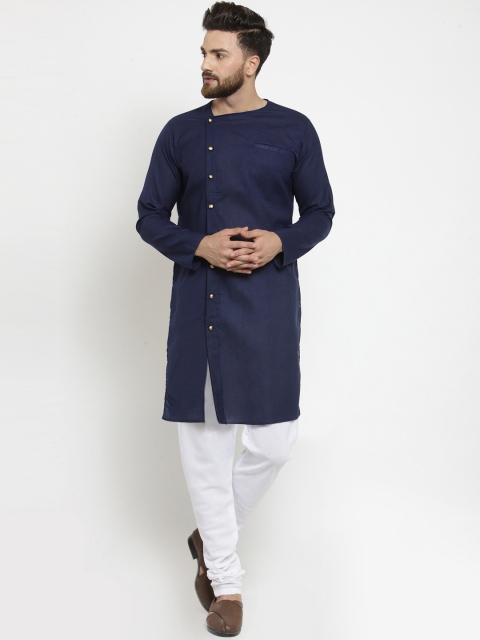 

TREEMODA Men Navy Blue Solid Linen Kurta with Churidar