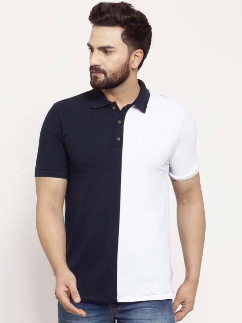 

Kalt Men Navy Blue & White Colourblocked Polo Collar T-shirt