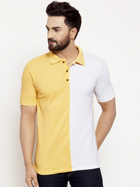 

Kalt Men Yellow & White Colourblocked Polo Collar T-shirt
