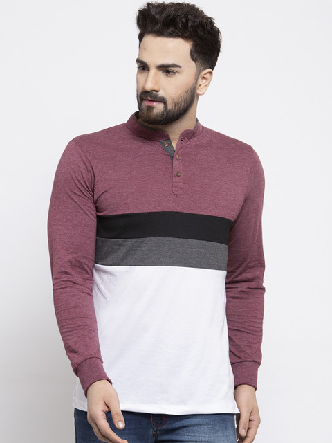 

Kalt Men Purple & White Colourblocked Mandarin Collar T-shirt