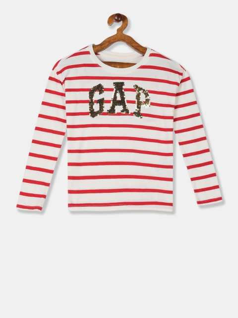 

GAP Girls White & Red Striped Round Neck T-shirt