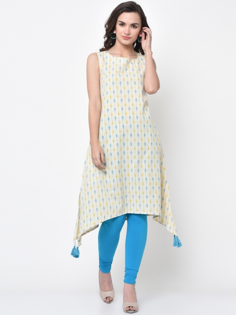 

FLAVIDO Women Off-White Printed Asymmetric Hemline A-Line Kurta