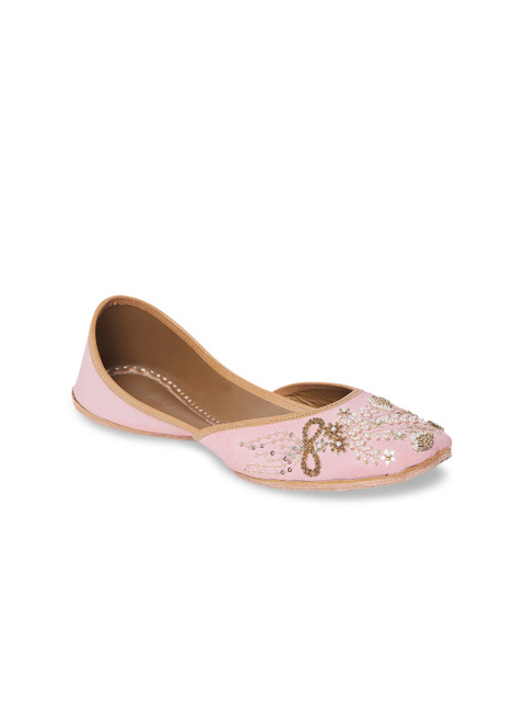 

Coral Haze Women Peach-Coloured Gold-Toned Embellished Canvas Mojaris
