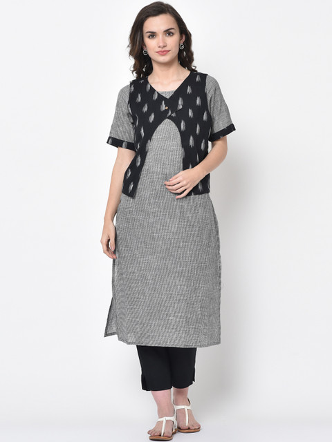 

FLAVIDO Women Grey Solid Straight Kurta With Ikat Jacket