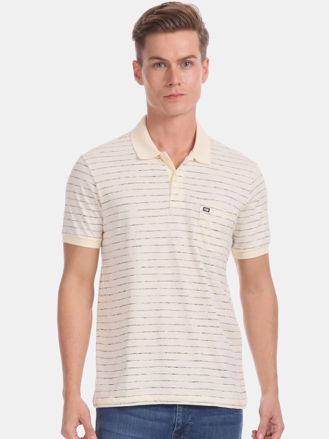 

Arrow Men Cream-Coloured Striped Polo Collar T-shirt