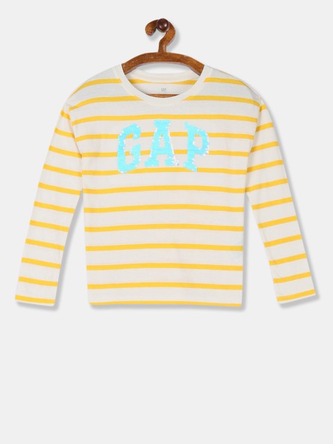 

GAP Girls White & Yellow Striped Round Neck T-shirt